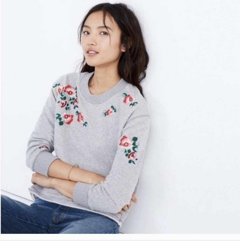 Madewell Mile(s) Gray Sweatshirt with Floral Embroidery